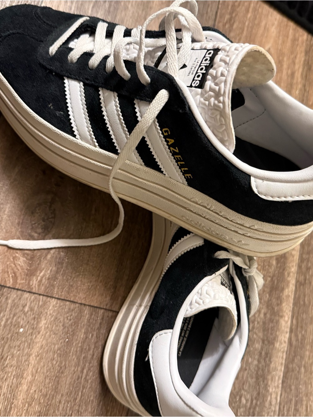 adidas Gazelle Black & White Suede Sneakers with Gold Branding